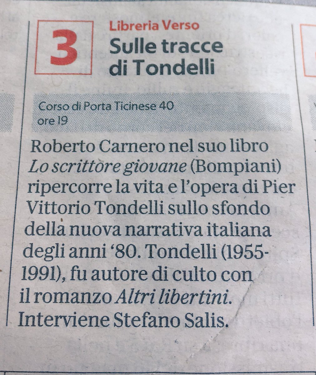 versolibri's tweet photo. Ve lo ricorda anche @rep_milano:
stasera alle 19 da Verso parliamo di Pier Vittorio Tondelli con Roberto Carnero e Stefano Salis. #Loscrittoregiovane @libribompiani 

https://t.co/7wTaW4qST9 https://t.co/MD7XHmpdRB