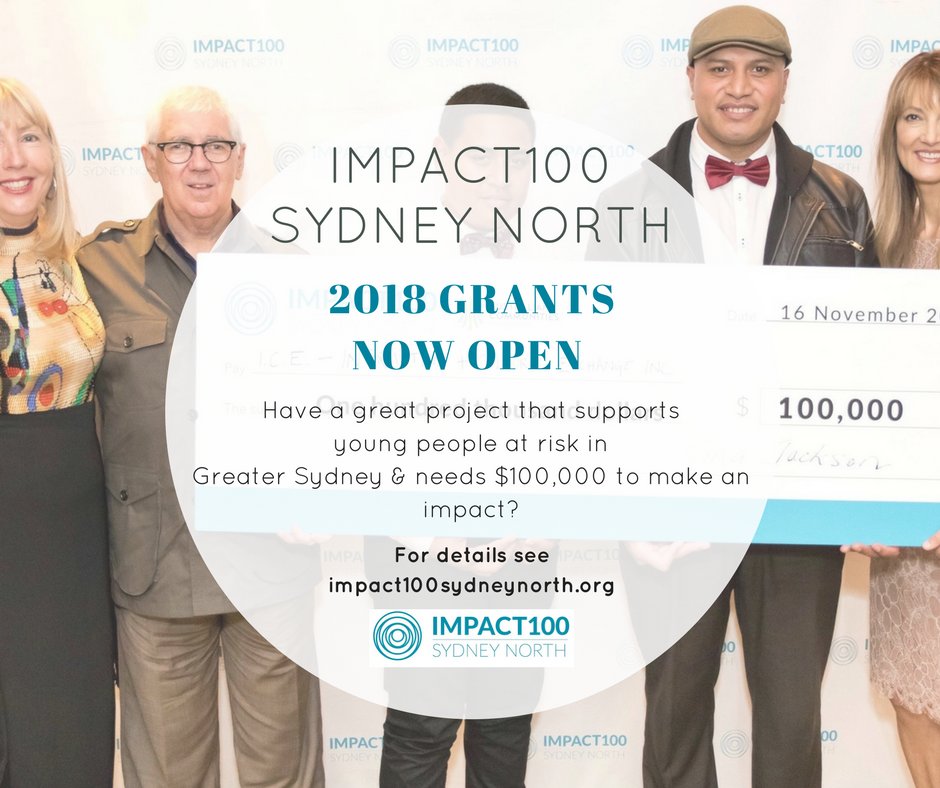 IMPACT100 Sydney North 2018 grants are now open! Please spread the word to non profits helping children &amp;/or young people at risk. Closing date 20 June. See impact100sydneynorth.org/grants/the-pro… for details