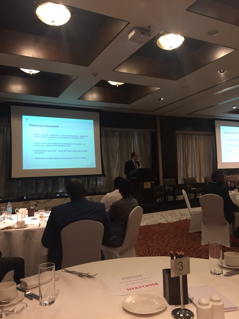 dealmeafrica's tweet photo. Michael Strain (Legal Director, Clyde &amp; Co) presenting on how to do a deal in Tanzania, at EY/MMB organized PE breakfast event at Hyatt, Dar es Salaam. https://t.co/zRwZpLOviD