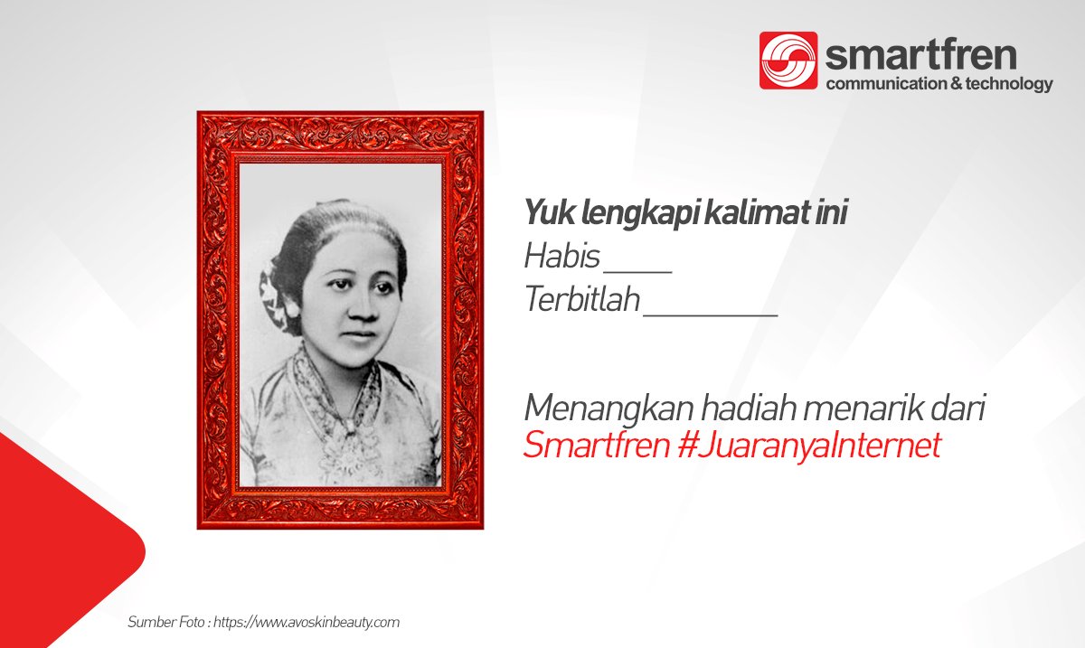 smartfrenworld's tweet photo. Yuk ikutan kuis Kartini dari Smartfren, Gen4G!

Caranya gampang banget.
1. Retweet &amp; like postingan ini
2. Lengkapi kalimat yang ada di gambar &amp; jawab di kolom reply
3. Gunakan hashtag #JuaranyaInternet #PilihanTerbaikDalamHidupku
4. Mention 3 temanmu buat ikutan

Good luck! :) https://t.co/QYziu9E83J