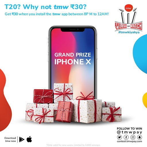 #T20 = tmw ₹30! Packed with all the thrills, spills and action you need 🤗in a #Contest! Install &amp; register on the tmw app between 8️⃣PM to 1️⃣2️⃣AM from 👉🏻 tmw.is/getapp → win assured ₹30 cash + a chance to win an iPhone X! 😲 #StayTuned #tmwkiyakya