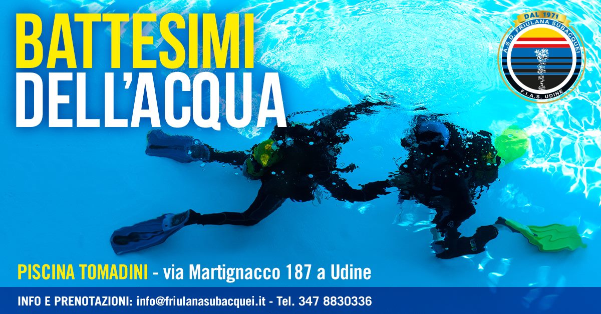 Stasera si terrà un evento importantissimo: IL BATTESIMO DELL'ACQUA! Prove gratuite di immersione con le bombole e in apnea. Siete tutti invitati a partecipare stasera a partire dalle 21.30 nella piscina Tomadini, in via Martignacco, 187 a Udine.