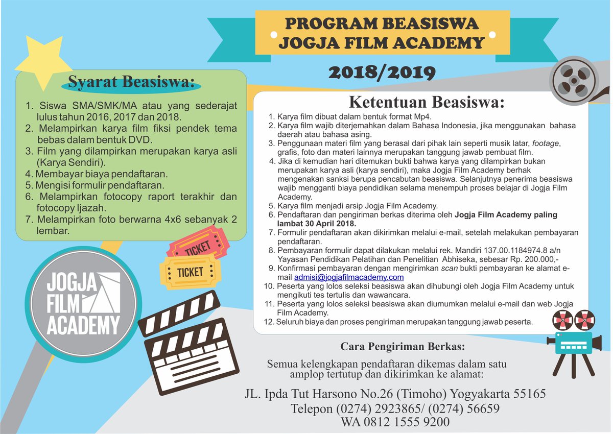 jogjafilmac's tweet photo. Telah dibuka program BEASISWA Jogja Film Academy, 2 - 30 April 2018. Syarat dan Ketentuan berlaku. Segera bergabung ya! :) https://t.co/iT2ZjMrZ5P