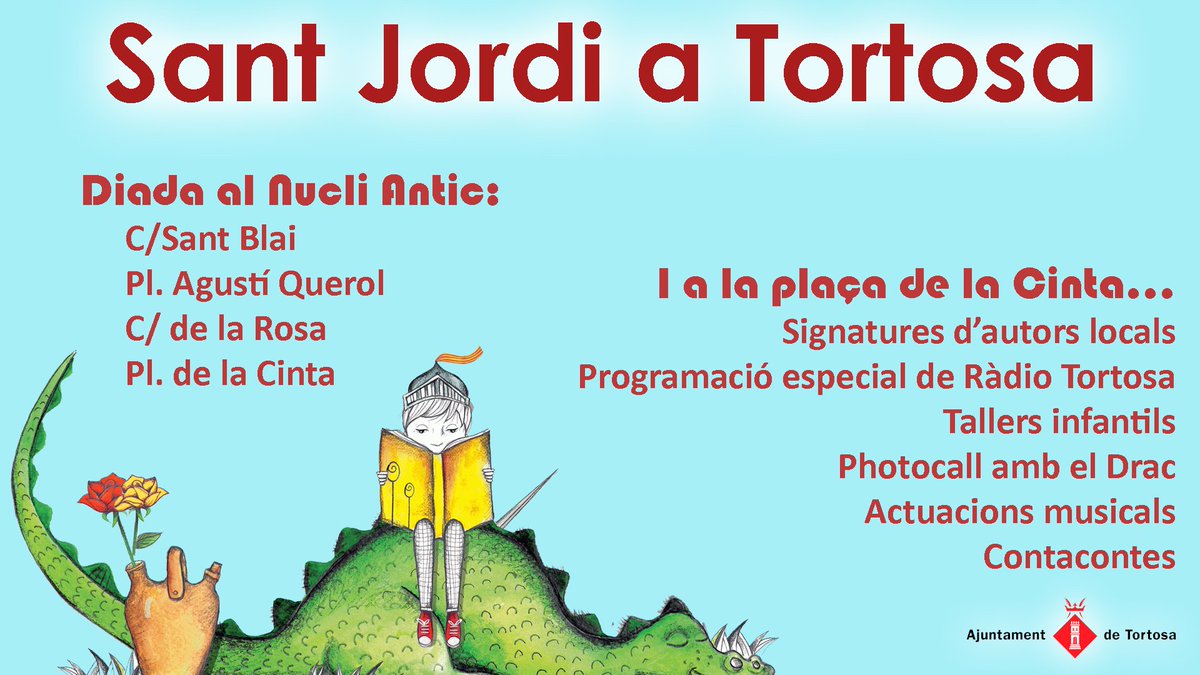 Tortosa's tweet photo. Sant Jordi a la plaça de la Cinta!!! Dilluns 23 d'abril durant tota la jornada, una programació especial d'activitats organitzades conjuntament per Ràdio Tortosa i la Biblioteca Marcel·lí Domingo / #tortosa #radiotortosa #bibliotecamd #museudetortosa #teatretortosa https://t.co/RLt4385Obq