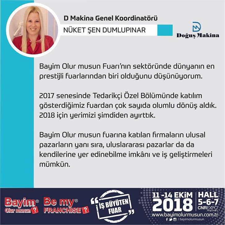 D Makina Genel Koordinatörü Nüket Şen Dumlupınar 2017 Bayim olur musun Franchising Fuarı’nı değerlendiriyor… 
<a href="/dogus_makina/">Doğuş Makina</a>
#franchise #franchising #dmakina #dogusdondurmamakinalari