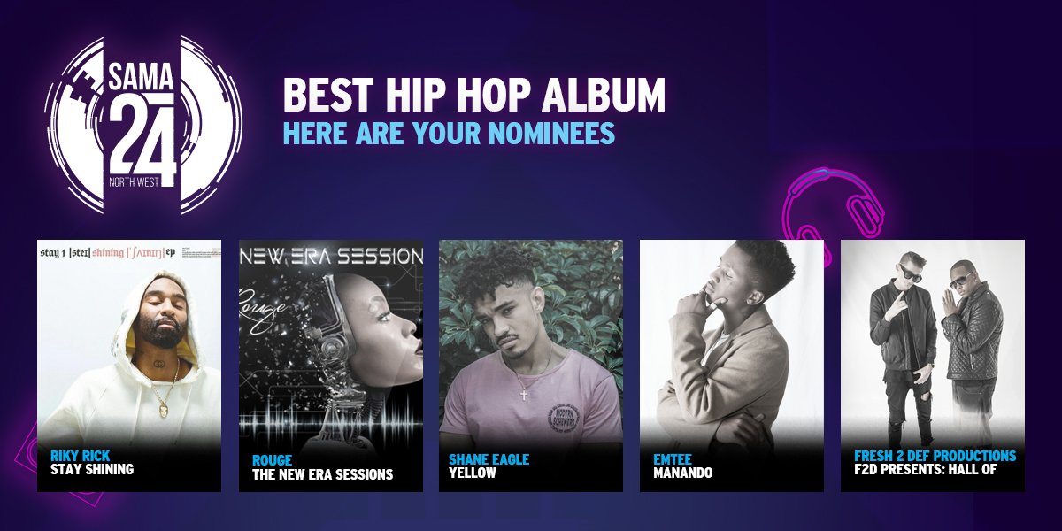_HipHopConnect's tweet photo. Best Hip-Hop Album announced by #SAMA24 . Between @rikyrickworld @Rouge_Rapper @ShaneEagle_ and @2freshLES Who's taking this one? https://t.co/HAPLvxtxjq