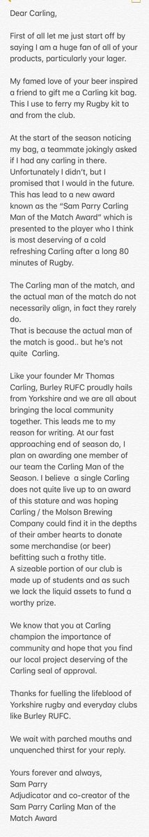 BurleyRUFC's tweet image. After Each Match this season we award the Sam Parry @carling Man of the Match. This is better than the regular Man of the Match award- that one is good but it’s not quite #carling here’s an email we sent to @carling about it: #yorkshirerugby #rugby #rugbyunion #birdsflyinghigh