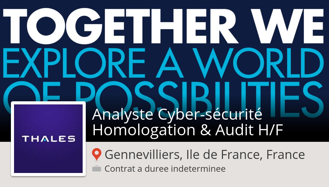 _paulbowles's tweet photo. #Thales is hiring an #Analyste Cyber-sécurité Homologation &amp; #Audit H/F, apply now! (#GennevilliersIledeFranceFrance) #job https://t.co/2GddUF7W9K https://t.co/zqCMaFKw0s