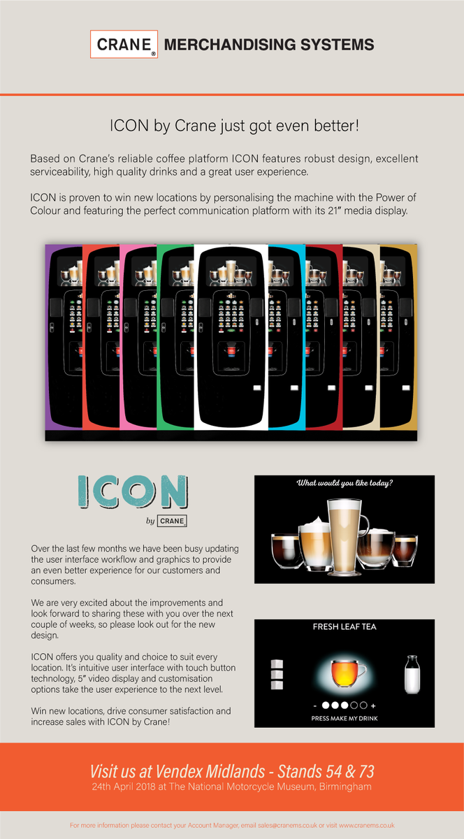 crane_ms's tweet photo. ICON by Crane just got even better! 
Visit us at Vendex Midlands - Stands 54 &amp; 73 
24th April 2018 at The National Motorcycle Museum, Birmingham https://t.co/XtiT93dLVC