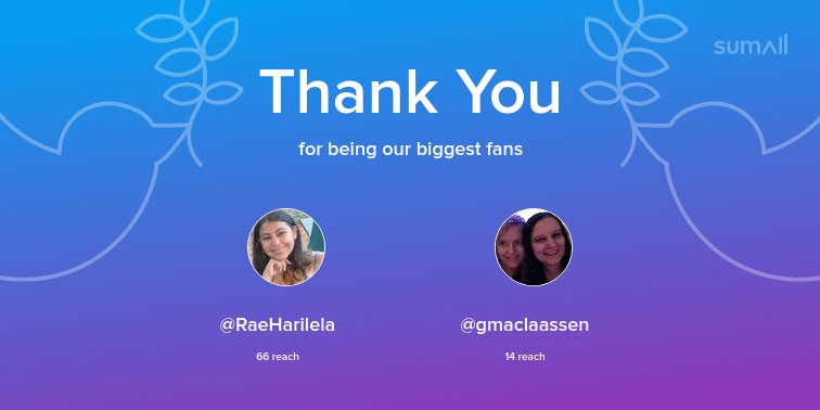 Our biggest fans this week: <a href="/RaeHarilela/">Reshma Harilela</a>, <a href="/gmaclaassen/">Chervonne Claassen</a>. Thank you! via sumall.com/thankyou?utm_s…
