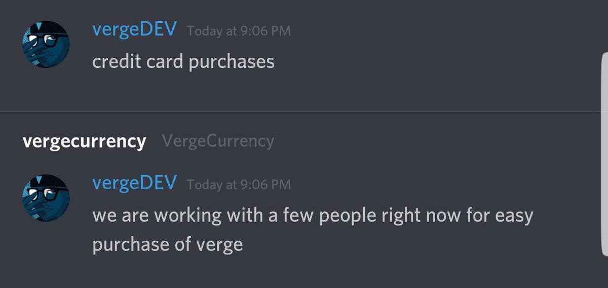 Akashiro_NL's tweet photo. Following up my last Tweet. Look at the image of what VERGEDEV said. They are working on a way for a easy purchase of VERGE. Who knows, in the best situation we wont need BTC to buy XVG anymore soon.

#Vergecoin #XVGfam #XVG #verge @Xvghodlgroup https://t.co/fBHLCQsVXL