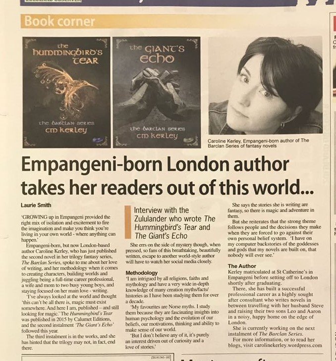 CM_Kerley's tweet photo. I made the paper! 20 Years on from when I left South Africa, and my local town newspaper has been kind enough to remember me in a little article in the book corner of the #zululandobserver #newsreport #newspaper #books #writers #writerslife #kzn #zululand #foreverSA #zululandgirl https://t.co/uPGyNMeo2Y