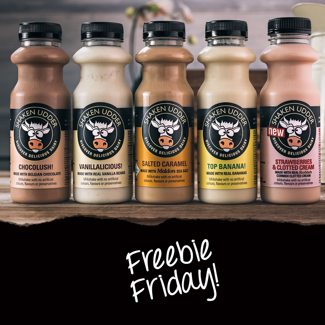 shakenudder's tweet photo. It's sunny, it's Friday, &amp; we're giving you the chance to #WIN a full case of your favourite flavour milkshake! 
To enter: FLW our page, RT this post, &amp; COMMENT below telling us what your favourite flavour is and why! Closes at 4pm!
#FreebieFriday #giveaway
See website for T&amp;Cs https://t.co/S6KBisMIvg