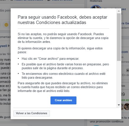 AvisaFbAds's tweet photo. O aceptas lo anterior, o eres libre de cerrar tu cuenta de #Facebook 
Vamos, como con en el resto de términos que aceptamos, pero leyéndolas primero y siendo consciente de lo que aceptas (y que inconscientemente ya habías aceptado antes) https://t.co/LteRgqNNul