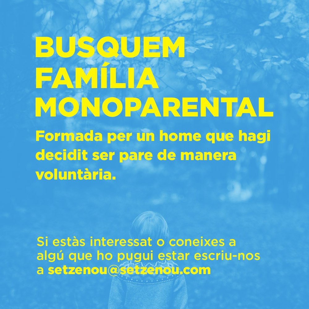 setzenou's tweet photo. Hola a tots i totes! Estem cercant una família monoparental formada per un home que hagi decidit ser pare ell sol. Si coneixeu a algú que creieu que li pot interessar parlar amb nosaltres sobre la seva família escriviu-nos un mail. Gràcies!! https://t.co/wdlIfXwlCv