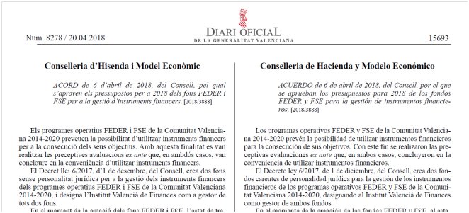 GVAhisenda's tweet photo. 📃El #DOCV publica hui els pressupostos per a 2018 dels dos Fons de Fons, cofinanciats pel FEDER i el FSE i gestionats per @GVAivf, que financiaran iniciatives de pimes i desocupats valencians en projectes innovadors i emprenedors https://t.co/22QNs91LRa