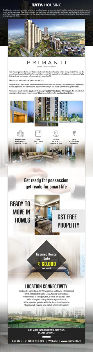tataprojects's tweet photo. #TataPrimanti is the new introduction in the market of Gurgaon by Tata Housing. You are introduced with the whole new meaning of luxury in 3/4 BHK apartments. It is designed in Sector 72 Gurgaon which is a complete package of facilities. Read more https://t.co/DrtNqlogSP https://t.co/zWwWC7SKSf