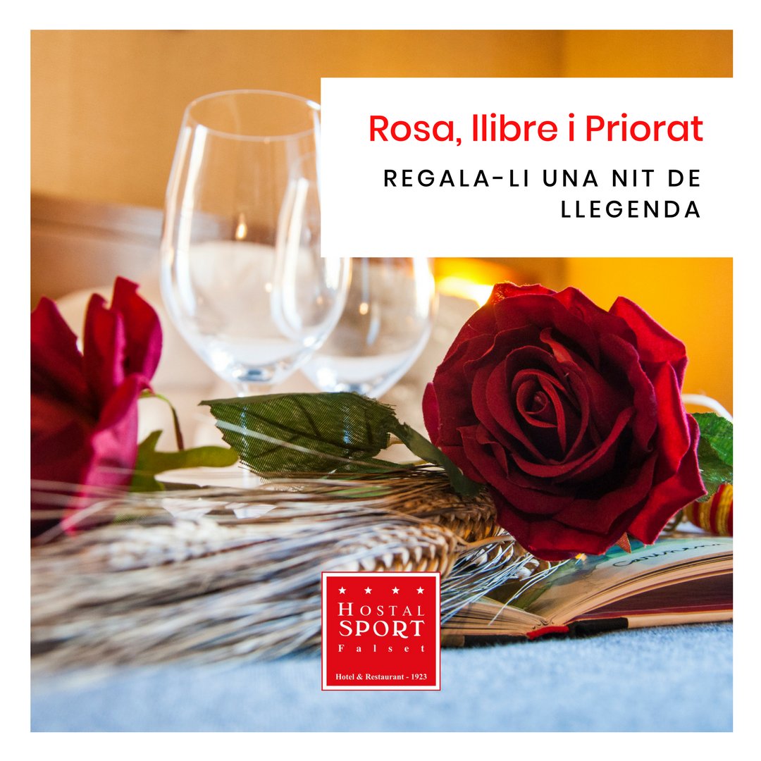 Per #SantJordi... Rosa, llibre i #Priorat > Regala-li una escapada a <a href="/hostalsport/">Hotel Hostal Sport</a> abans del dilluns 23 d'abril i et deixarem una ampolla de vi a l'habitació perquè omplis les copes i passis una nit de llegenda. Reserves a info@hotelspriorat.com #hostalsport