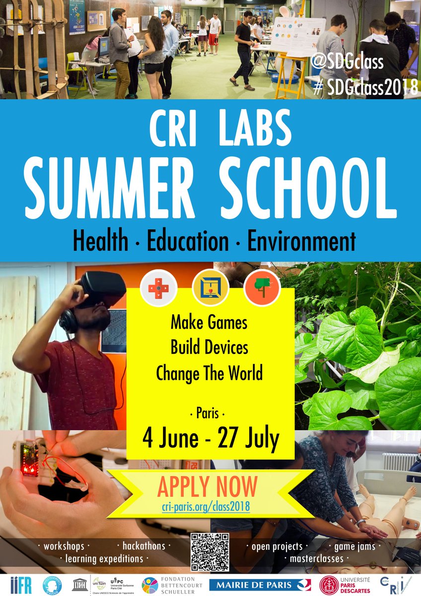 SDGCLaSS's tweet image. The CRI Labs Summer School ( CLaSS 2018) is a free &amp;amp; #open, challenge-based university, focused on advancing the UN’s #SDGs. 
Join 50 talented international participants &amp;amp; tackle real-world problems every year.

Wanna see more info and apply？click here cri-paris.org/class2018