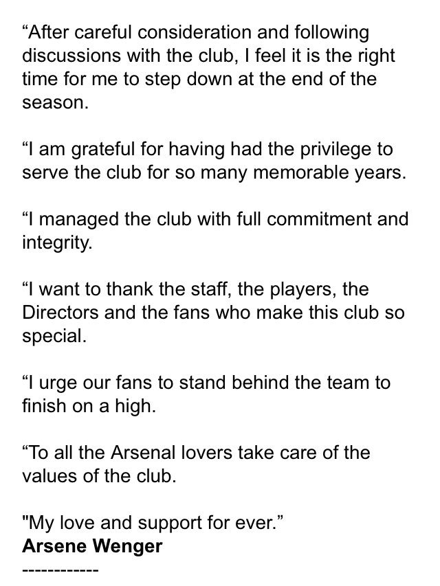 richard_conway's tweet photo. Wenger statement. Confirms he will leave Arsenal at the end of the season. #afc https://t.co/TiqtF9vGPe