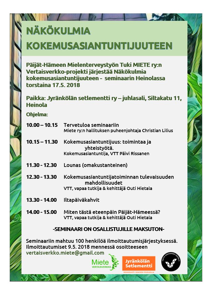 Mietery1's tweet photo. Heinolassa seminaari, Näkökulmia kokemusasiantuntijuuteen 17.5.
#mietery #heinola #jyränkölä #kokemusasiantuntijuus #kokemusasiantuntija #vertaisuus #yhteistyö #mielenterveys #päijäthäme #lahti https://t.co/xyQ1nKPSaF