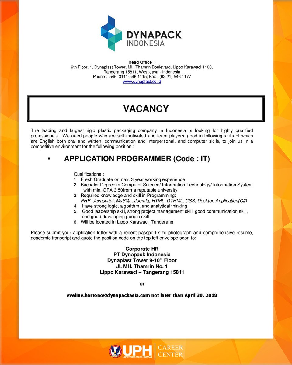 UPHCareerCenter's tweet image. JOB VACANCY | PT DYNAPACK INDONESIA