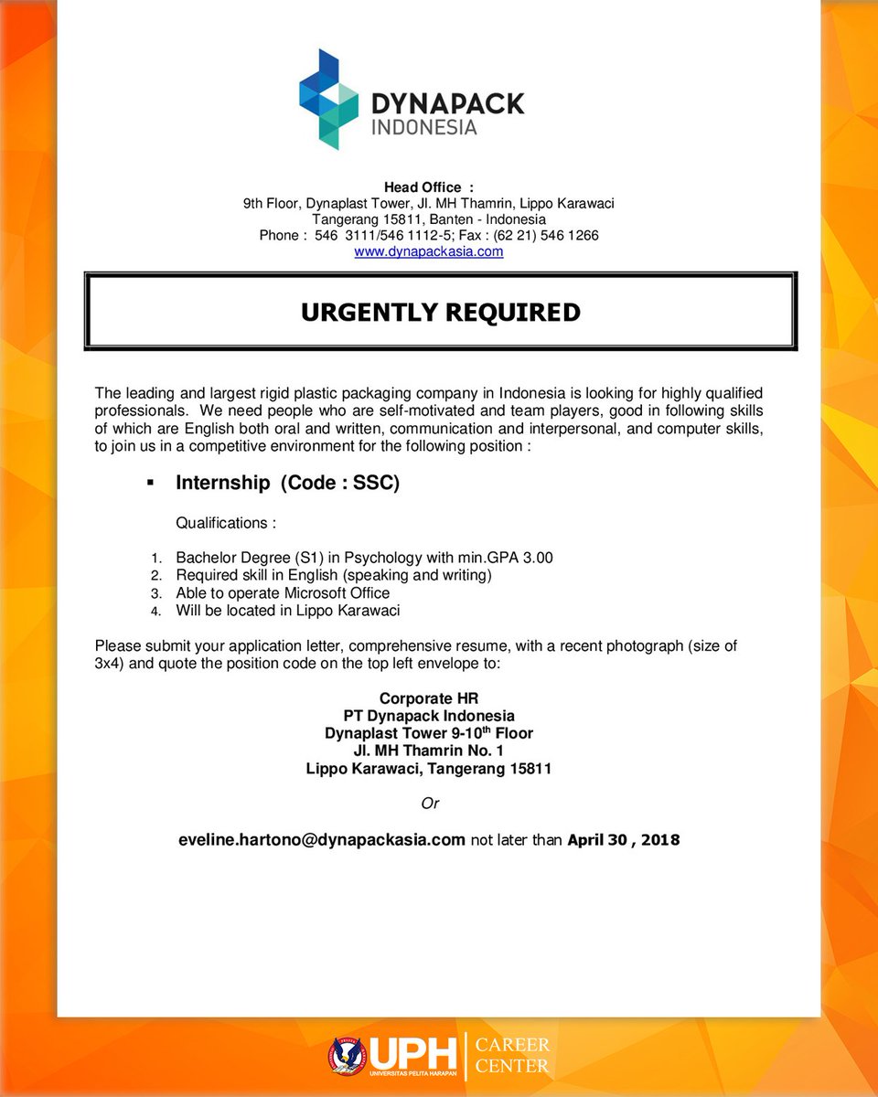 UPHCareerCenter's tweet image. JOB VACANCY | PT DYNAPACK INDONESIA