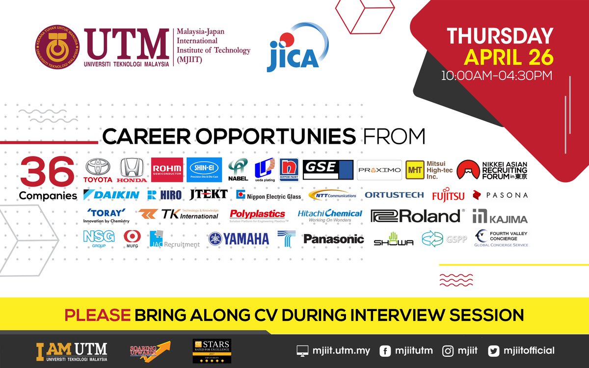 MJIITOFFICIAL's tweet photo. HELLO,
GOOD NEWS FOR ALL STUDENTS !!!
MJIIT will be organising MJIIT Career Fair 2018 event.
There will be 36 companies that will be joining the event.
Grab your chance and do bring along your cv for interview session. https://t.co/zX0QNx4dv2