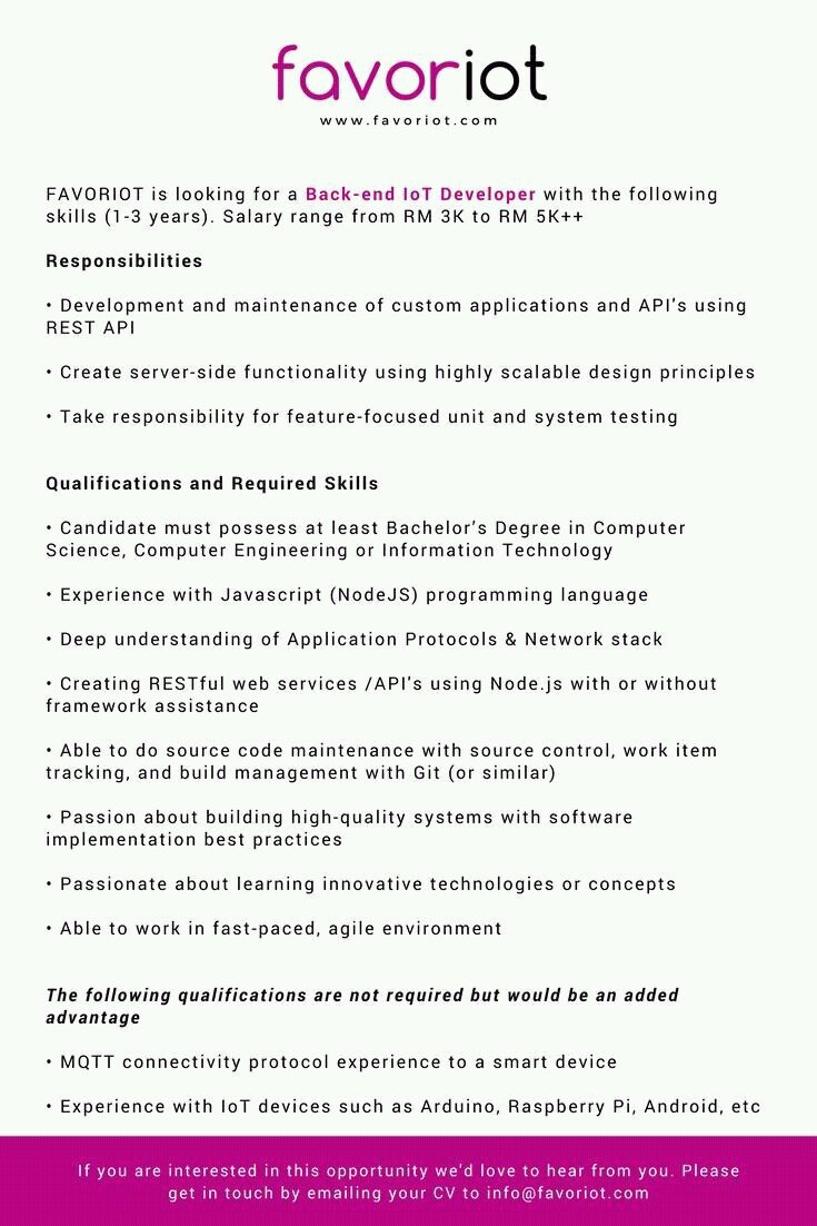 favoriot's tweet photo. WE ARE HIRING!

We are looking for a Back-end IoT Developer with the following skills (1-3 years). Salary range from RM 3K to RM 5K++

#careeropportunity #developerjob #JobAlert #vacancy #kerjaya https://t.co/ACAPFXInE5