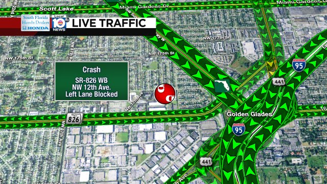 CRASH: SR-826 WB & NW 12th Ave. A left lane is blocked. #TRAFFIC #MIAMI https://t.co/Z4ddK8N64F