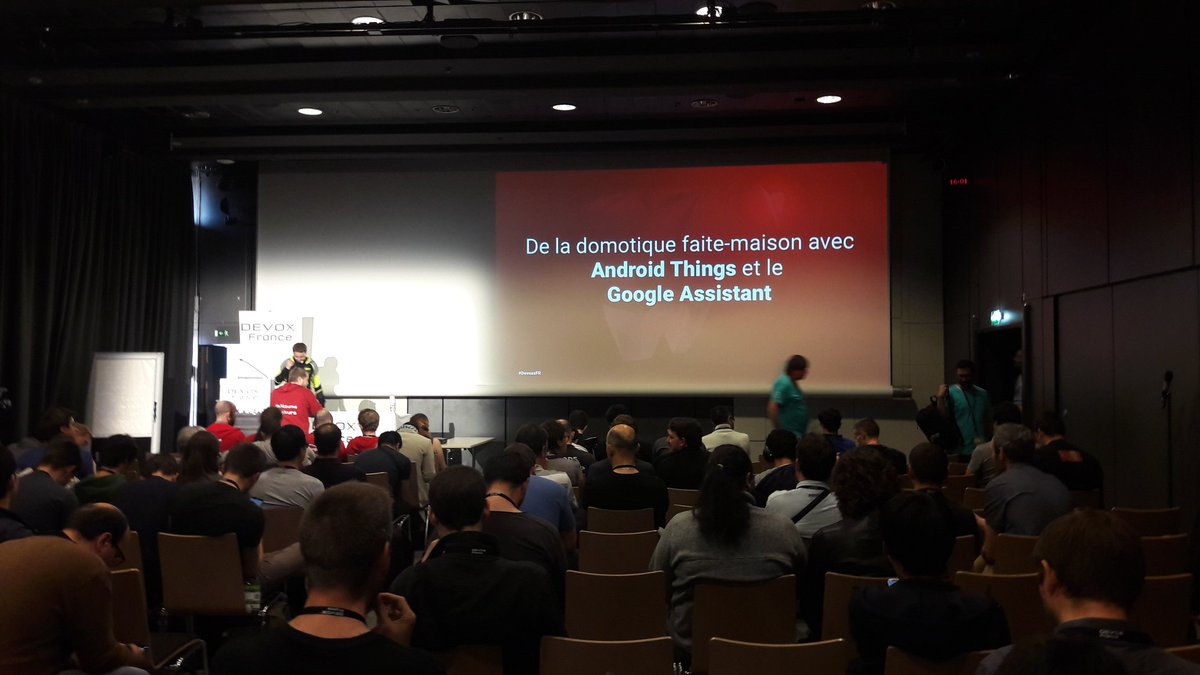 AdrienLASSELLE's tweet photo. Dernier talk pour moi pour cette @DevoxxFR 2018 avec @Nilhcem pour De la domotique faite-maison avec Android Things et le Google Assistant #DevoxxFR @SQLI_FR #SQLI #Devoxx #talents #IT #SQLiens #Paris #IoT @ThingsAndroid https://t.co/Eo9wLrlB6P