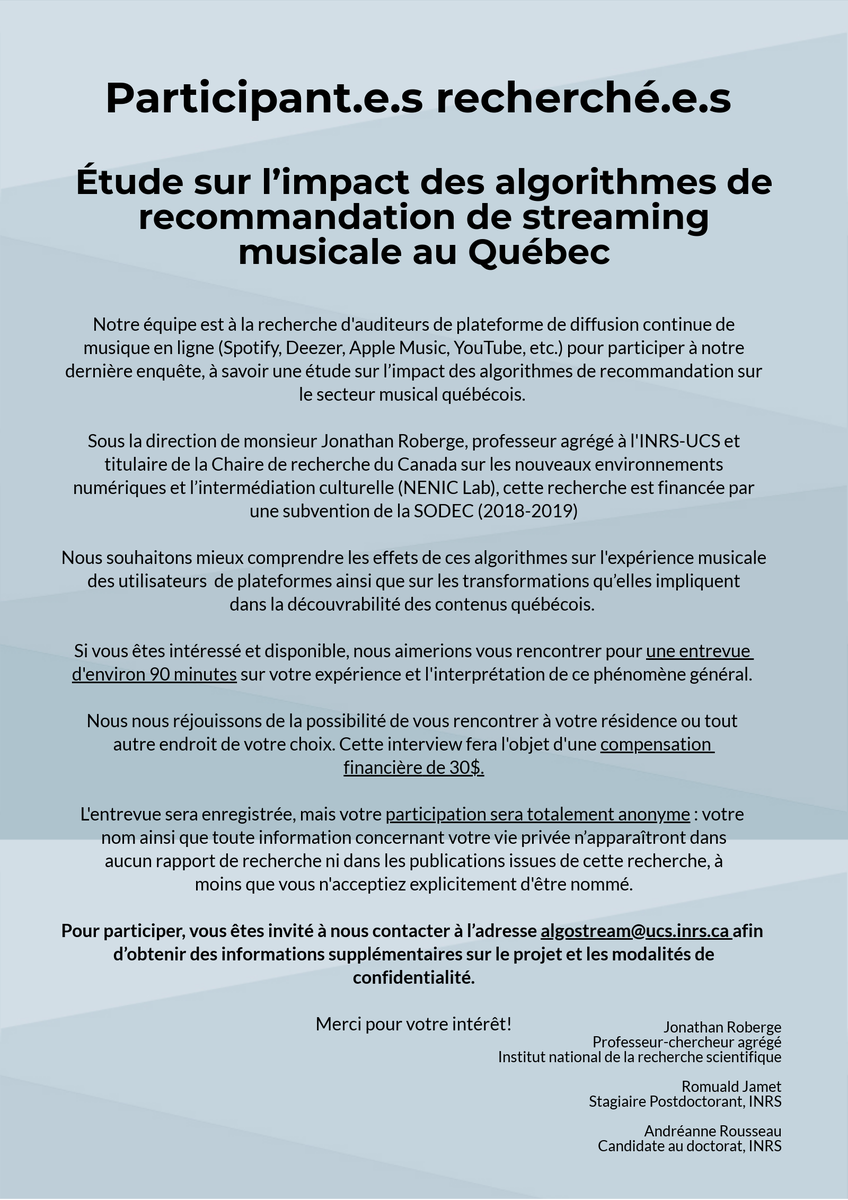pouletneige's tweet photo. Une équipe de l'INRS recherchent des auditeurs de plateforme d'écoute en continu pour participer à une étude. 
Rencontre/entrevue en personne d'environ 90 minutes.
Compensation de 30$. 

Si ça vous dit -> algostream@ucs.inrs.ca
@U_INRS https://t.co/GM9WQoTuod
