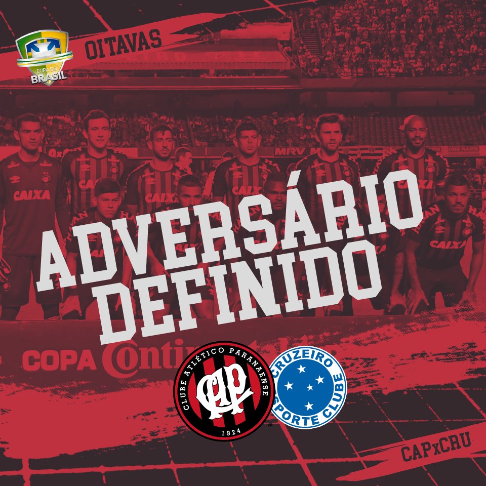 AthleticoPR's tweet photo. Adversário definido! 🔴⚫
  O Cruzeiro será o adversário do Furacão nas oitavas de final da Copa do Brasil.
  Em aproximadamente 1 hora saberemos também os mandos dos confrontos.
  Vamos com força, Atlético! 🌪 #SorteioCopadoBrasil https://t.co/csb9Y9J2EG