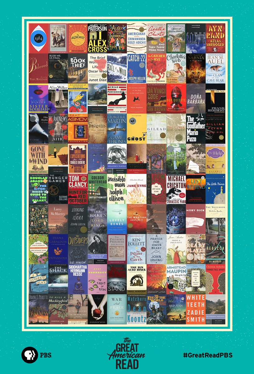 PBS's tweet image. The Great American Read book list has been revealed! See if your favorites made the list — and get ready to vote after the series premiere on May 22: to.pbs.org/2K0vWAw #GreatReadPBS