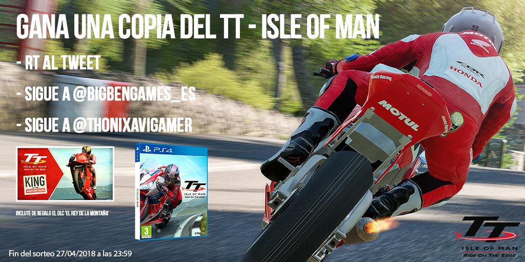 ThoniXaviGamer's tweet photo. 🏍️*SORTEO*🏍️
¡¿Quieres estrenar nuevo juego?!
¡Sorteamos un TT Isle Of Man Ride On The Edge con DLC Incluido! (PS4)
Requisitos para participar:
- RT a este Tweet 
- Seguir a @BigbenGames_ES 
- Seguir a @ThoniXaviGamer 
Fin del sorteo: 27/04/18 a las 23:59⚠️
☘️¡SUERTE!☘️ https://t.co/w93h758azU