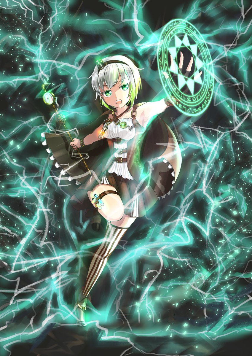 ぺんぺん よー清水さん著 キャラの背景 描き方教室 属性魔法のエフェクトを参考に描きました 適当に描くだけでも雷 っぽく 相変わらずすごい教科書です 女の子はお知り合いのうちの子をお借りしました Okしていただいてありがとうございました