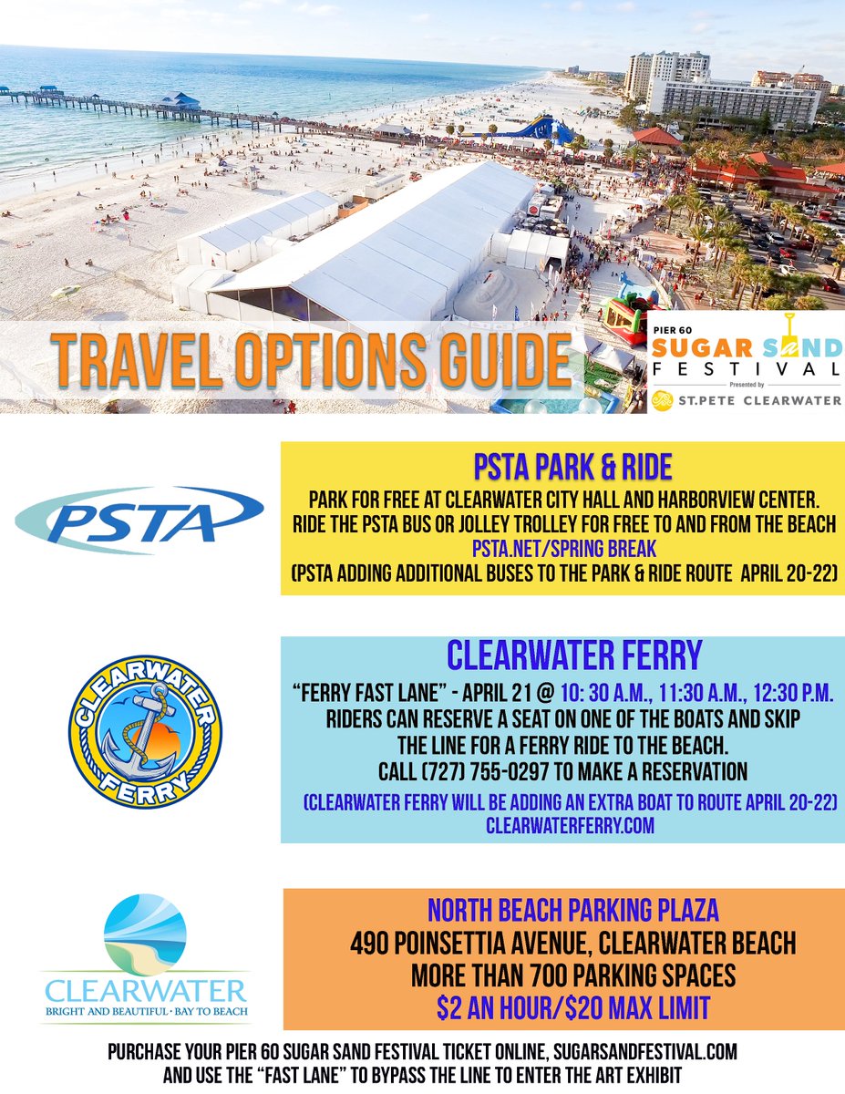 Heading to the final weekend of the <a href="/Pier60SugarSand/">Pier 60 Sugar Sand Festival</a> Presented by @VSPC - or just heading out to enjoy a beautiful day on America's #1 beach, #ClearwaterBeach - Save the flyer below to your phone, or print it out for a guide to transportation and parking options.