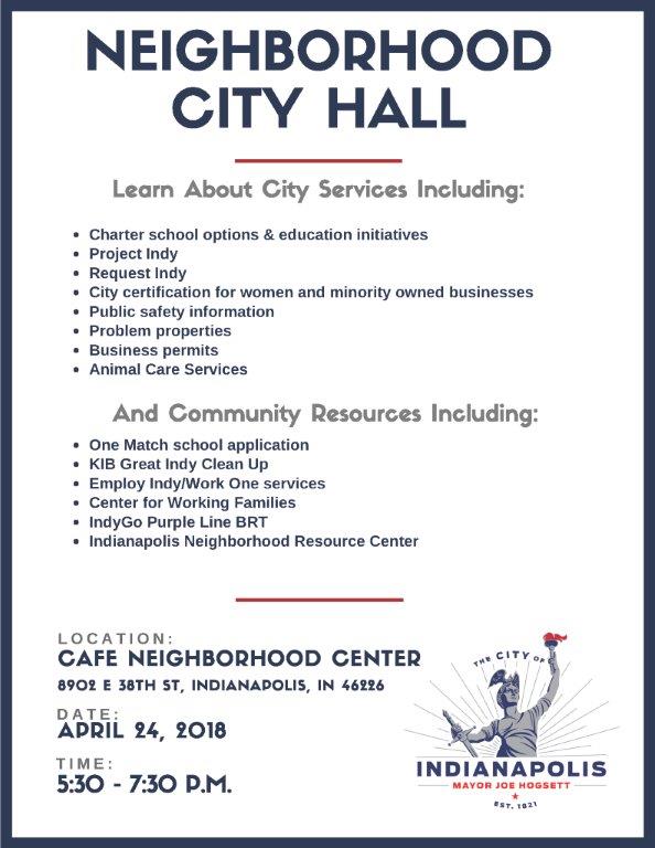 IndyOPHS's tweet photo. The City of Indianapolis will host its first Neighborhood City Hall Tuesday April 24, at the Community Alliance of the Far Eastside from 5:30 PM - 7:30 PM. This is the first of several Neighborhood City Halls that will take place throughout Indianapolis is the coming months. https://t.co/39WUVIkVBb