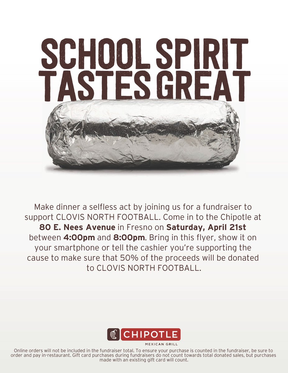 Have dinner at Chipotle and support Clovis North Football at the same time!  This Saturday, April 21 - 4:00-8:00 pm 80 E. Nees location Bring the flyer, show it from your phone or tell the cashier you are supporting Bronco Football! 50% of proceeds come back to our programs! 🐴🏈