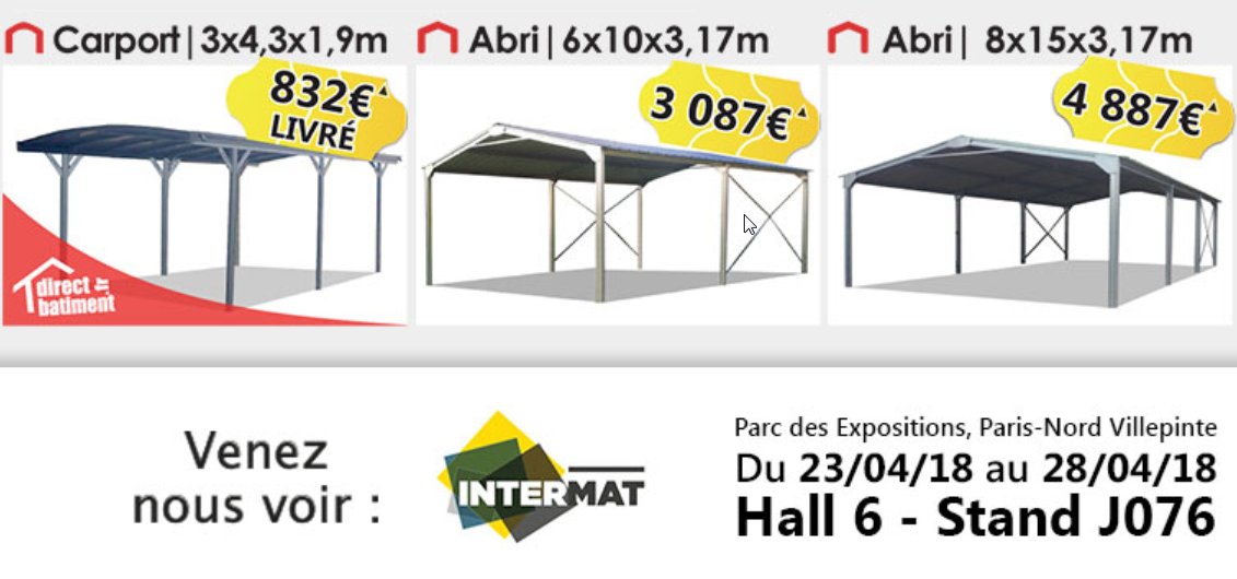 DirectBatiment's tweet photo. 🚨 J-3 #Intermat Paris-Nord Villepinte !
Retrouvez notre équipe dès lundi 23/04 sur le stand J076 (Hall 6) et profitez de nos #abris et #carpots  en kit à prix #promo ! #voiture #campingcar #camtar #van #youngtimer #abri #carport https://t.co/jLois1jKQ0