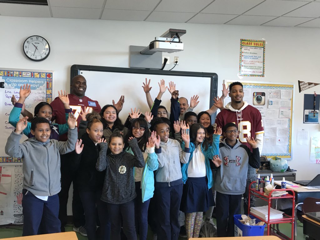 Commanders's tweet photo. .@DaleJr &amp; #Redskins players out here @LBECDC building a brand new library space for students with @RedskinsCR, @tdjf &amp; @HeartofAmericaF! #READesign #RedskinsGiveBack https://t.co/cXlpAUKLOv