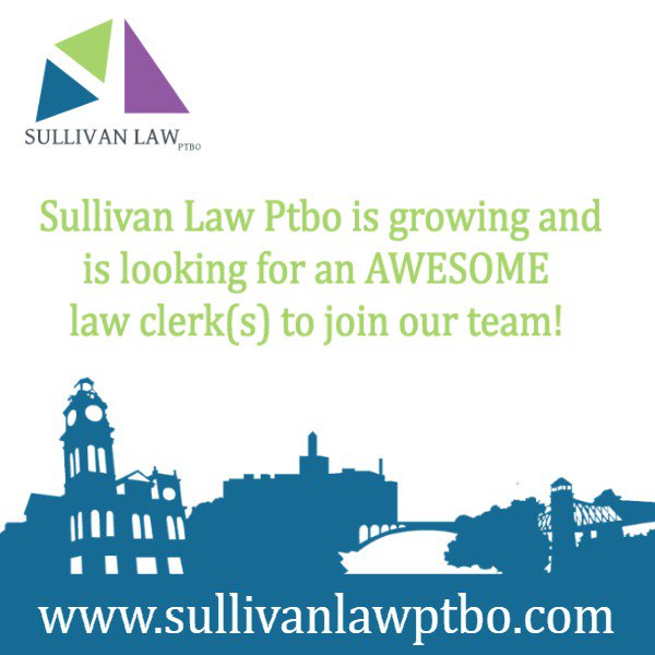 <a href="/SullivanLawPtbo/">Martha Sullivan</a> is growing and is looking for an AWESOME law clerk(s) to join our team! Link: ow.ly/TId730ju0Jm #Ptbo <a href="/Ptbo_Canada/">PTBO_CANADA 🇨🇦</a> <a href="/FlemingCareers/">Fleming Careers</a>  <a href="/PtboCareers/">Peterborough Careers</a>