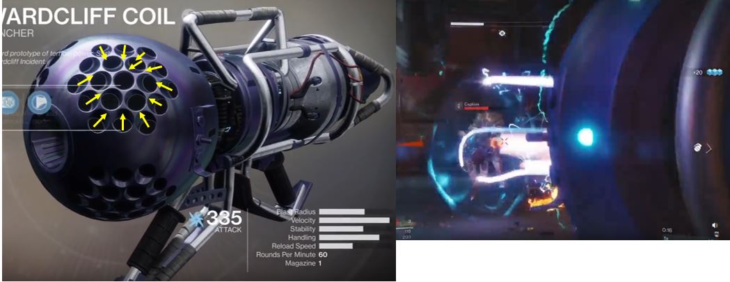 sahatych's tweet photo. Destiny 2 weapon design thoughts. Nozzles on the wardcliff coil are pointing somewhat towards the centre nozzle of every nozzle cluster. The trajectory of the rockets though is completely different :) #destiny2
#destiny2weapon https://t.co/APzFVsIkfp