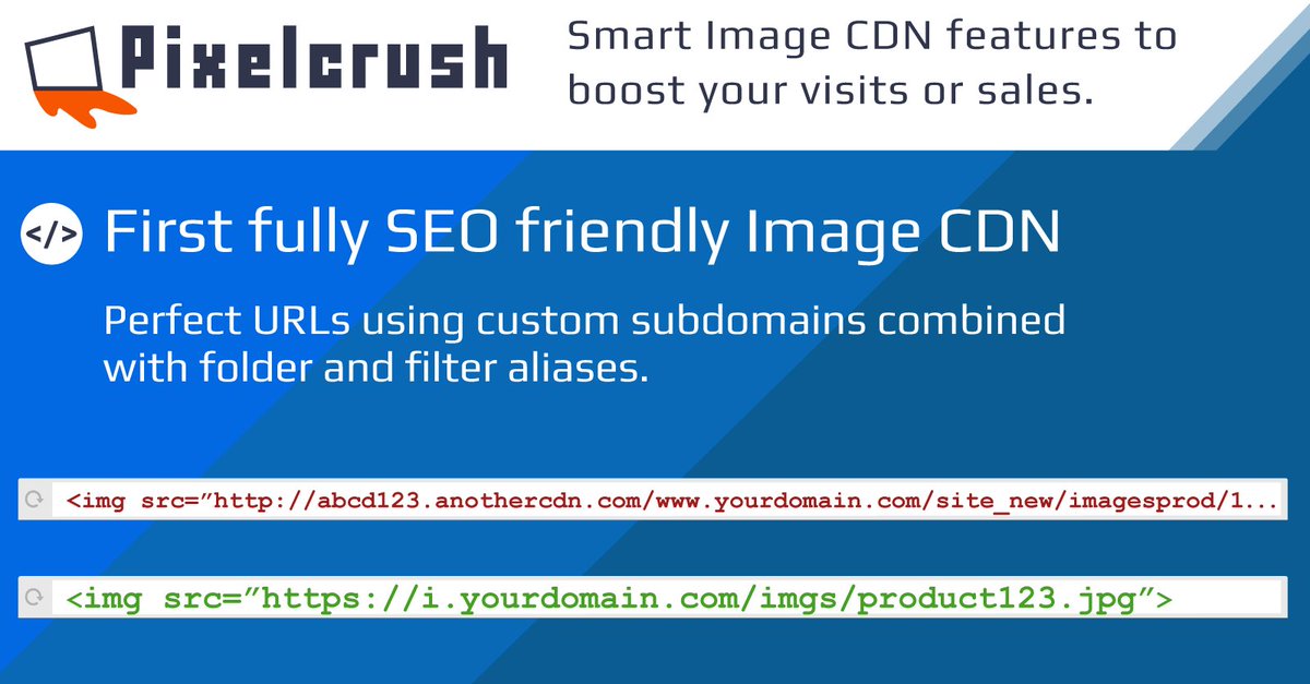 Boost your discoverability and ranking in search engines. Use custom domains together with folder and filter aliases to get SEO-friendly image URLs. pixelcrush.io/features/seo
