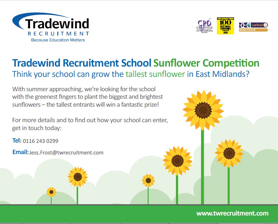 Does your #EastMidlands #School want to take part in our #sunflower #competition - Get in touch on 0116 243 0299 to get your seeds delivered!  #tradewindrecruitment #becauseeducationmatters