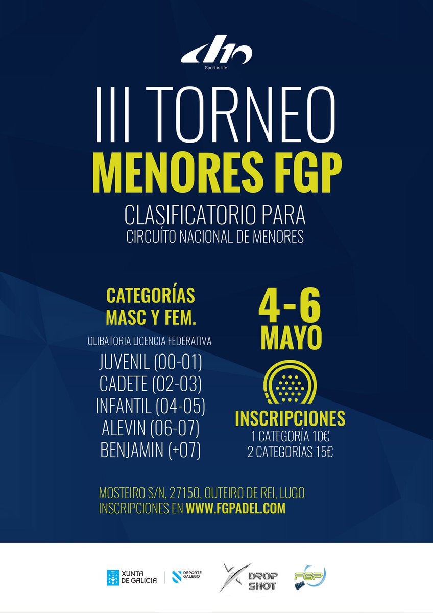 🎾3º Torneo de Menores FGP Ciclo Clasificatorio para el Circuito Nacional 🎾

1. Fecha del Torneo: Del 4 al 6 Mayo 2018, en el club #D10 
2. El Torneo se regirá por las normas de la F.G.P..
