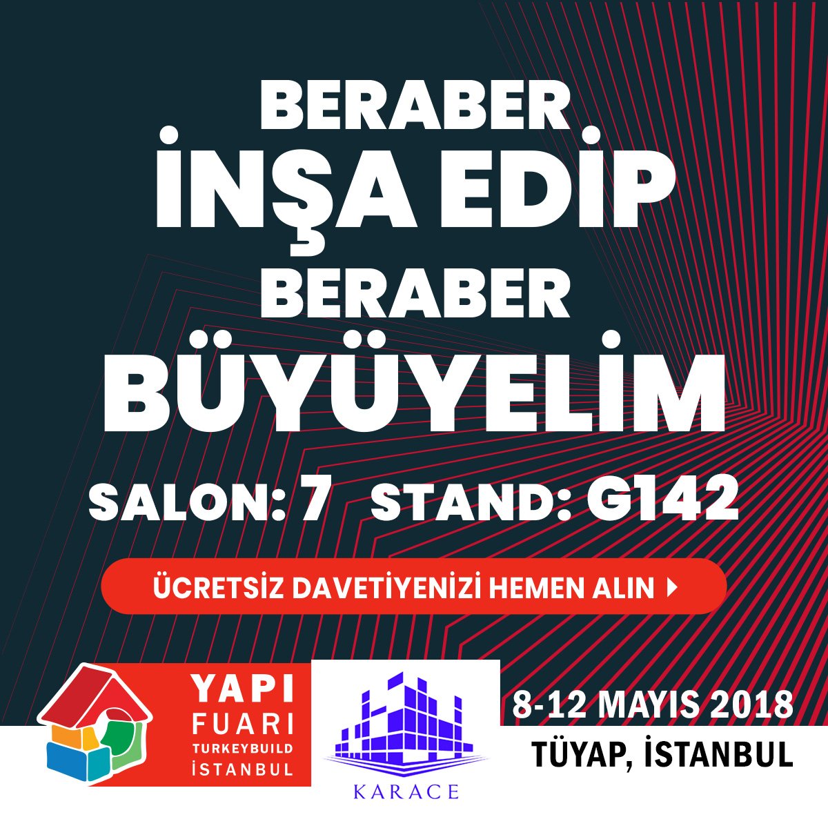Beraber İnşa edip Beraber Yürüyelim diye bizde 8-12 Mayıs tarihlerinde Yapı Fuarı TUYAP'da 7.Hall G142 no'lu standımıza bekliyoruz. #Karace #titanyumçinko #kenetçatı #kenetçatımakinesi bit.ly/2HhheUb