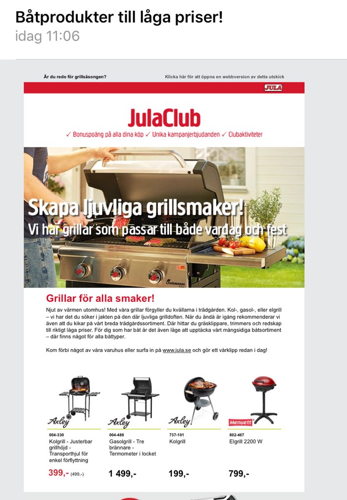 WebmarketingSE's tweet photo. #Jula kör lockrubrik i mail idag. Inte en båtgrej i hela innehållet 😭 #ehandel https://t.co/lMfLo7ejrD