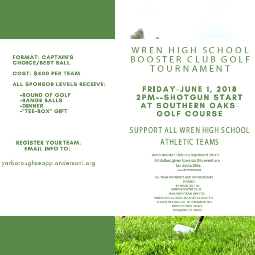 OfficialWren's tweet photo. ⛳️ Wren High Athletic Booster Club golf tournament. Friday, June 1st https://t.co/dmy7KKTwGC