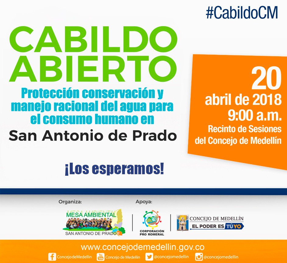 #CordialInvitación
HOY
<a href="/ConcejoMedellin/">Concejo de Medellín</a> Cabildo Abierto sobre protección, conservación y manejo racional del agua para consumo humano en San Antonio de Prado
Sigue la transmisión en directo del #CabildoCM en youtube.com/user/concejome…
<a href="/MontanoaA/">Montanoa-A</a> <a href="/BarrioRostro/">Barrio como rostro de ciudad</a> <a href="/GRUPOKAVILANDO/">KAVILANDO</a> <a href="/zotea/">Antonio Javier Jaramillo 🤖👣🥷🏿</a>